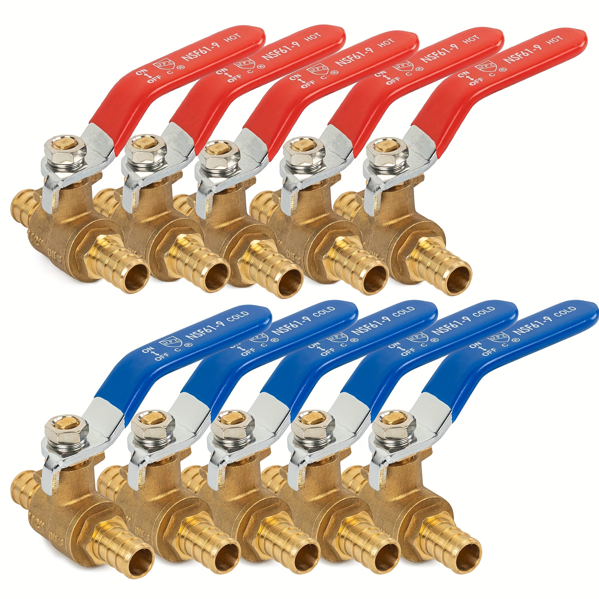 

10 Pieces 1/2 Inch Pex Brass Full Port Shut Off Hot And Cold, Hot (red) Cold (blue) Of Brass Shutt Off