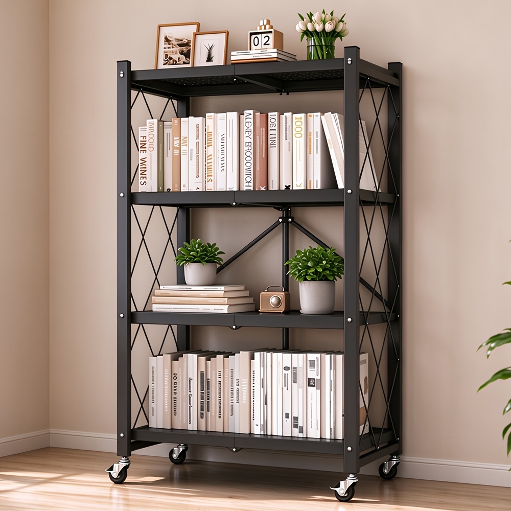 Image of 4 Tier Folding Rolling Storage Shelf No Assembly, Mobile Metal Organizer Rack For Kitchen, Living Room, Office, Standing Shelf, Standing Shelf