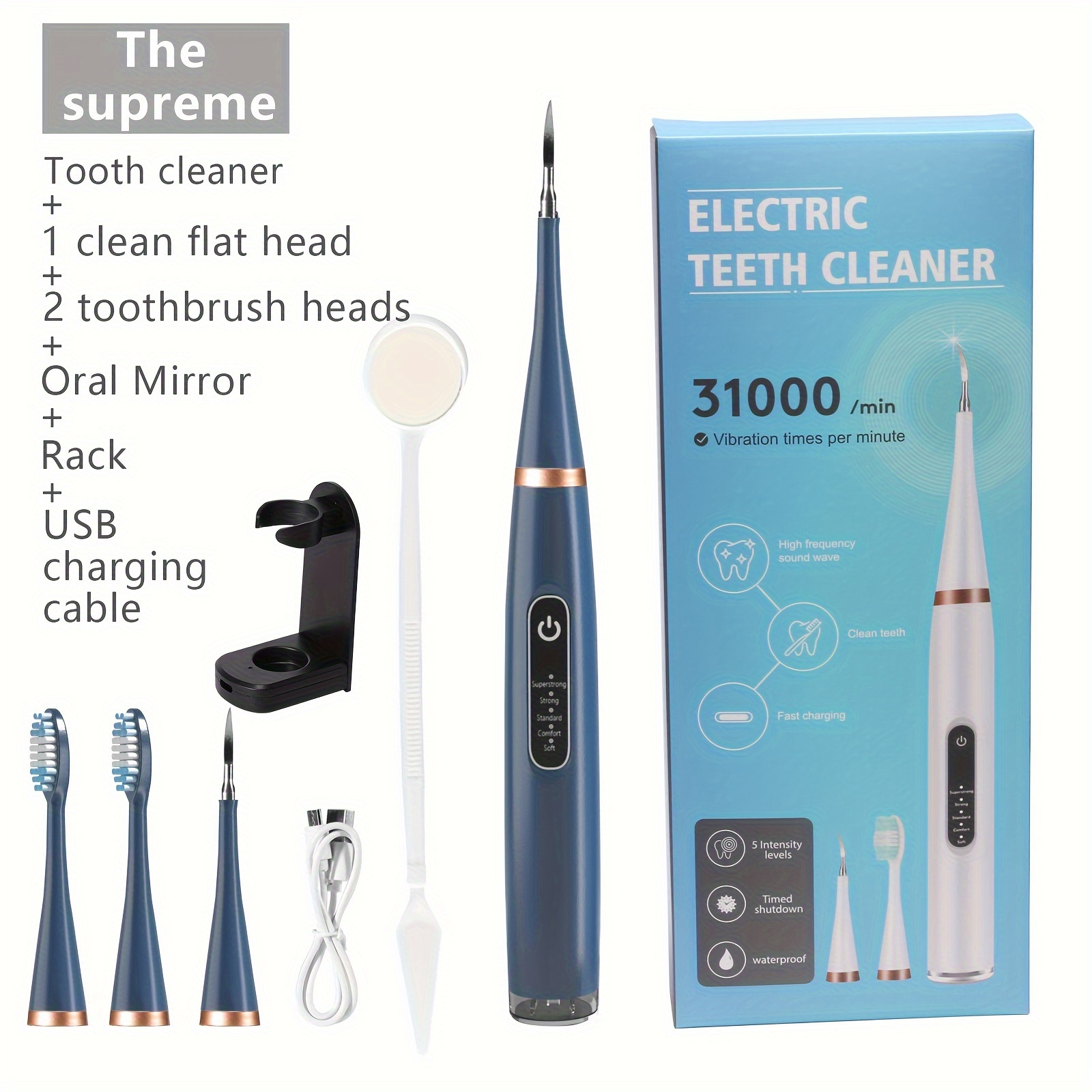 

Portable Electric Teeth Cleaner Kit, 5-speed Tooth Polisher With Replaceable Cleaning Heads, Toothbrush Heads, Oral Mirror, Rack, Usb Charging For Comprehensive Oral Care