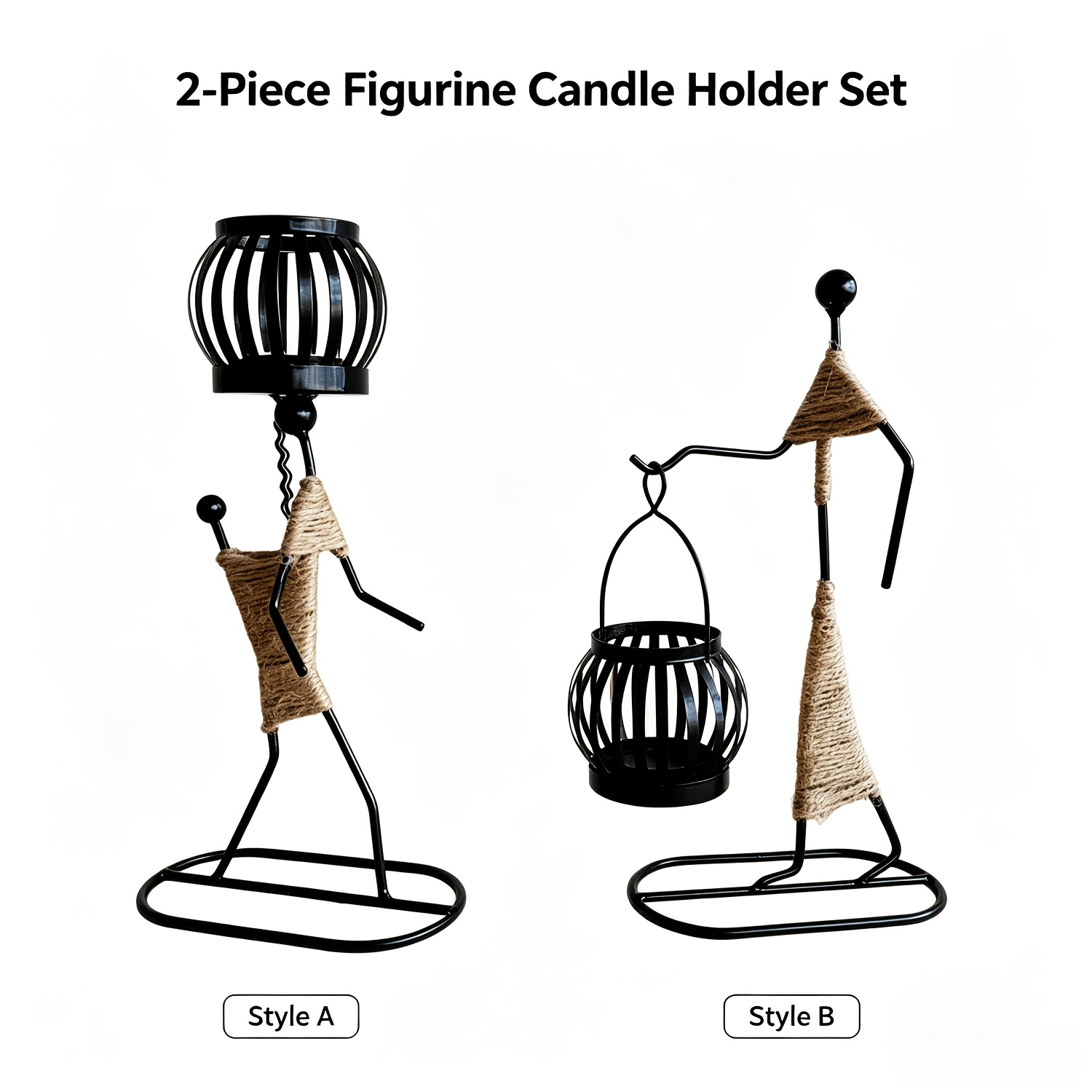 TEMU Handmade Wrought Figurine Candle Holders Set Of 2, Rustic Rope Wrapped Metal People Tealight Candle Holders, Decorative Lantern Candleholder For