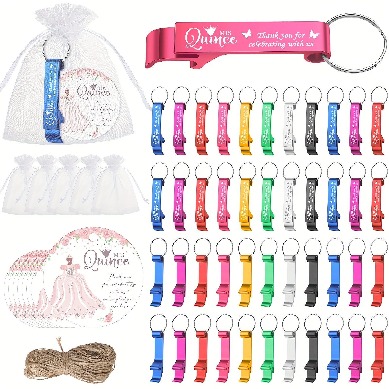 

56 Set Quinceañera Party Favors Includes Quinceañera Keychain Bottle Favor Thank You Tags Organza Bags With Flax Rope For 15 Years Birthday Party Supplies Guests Souvenirs