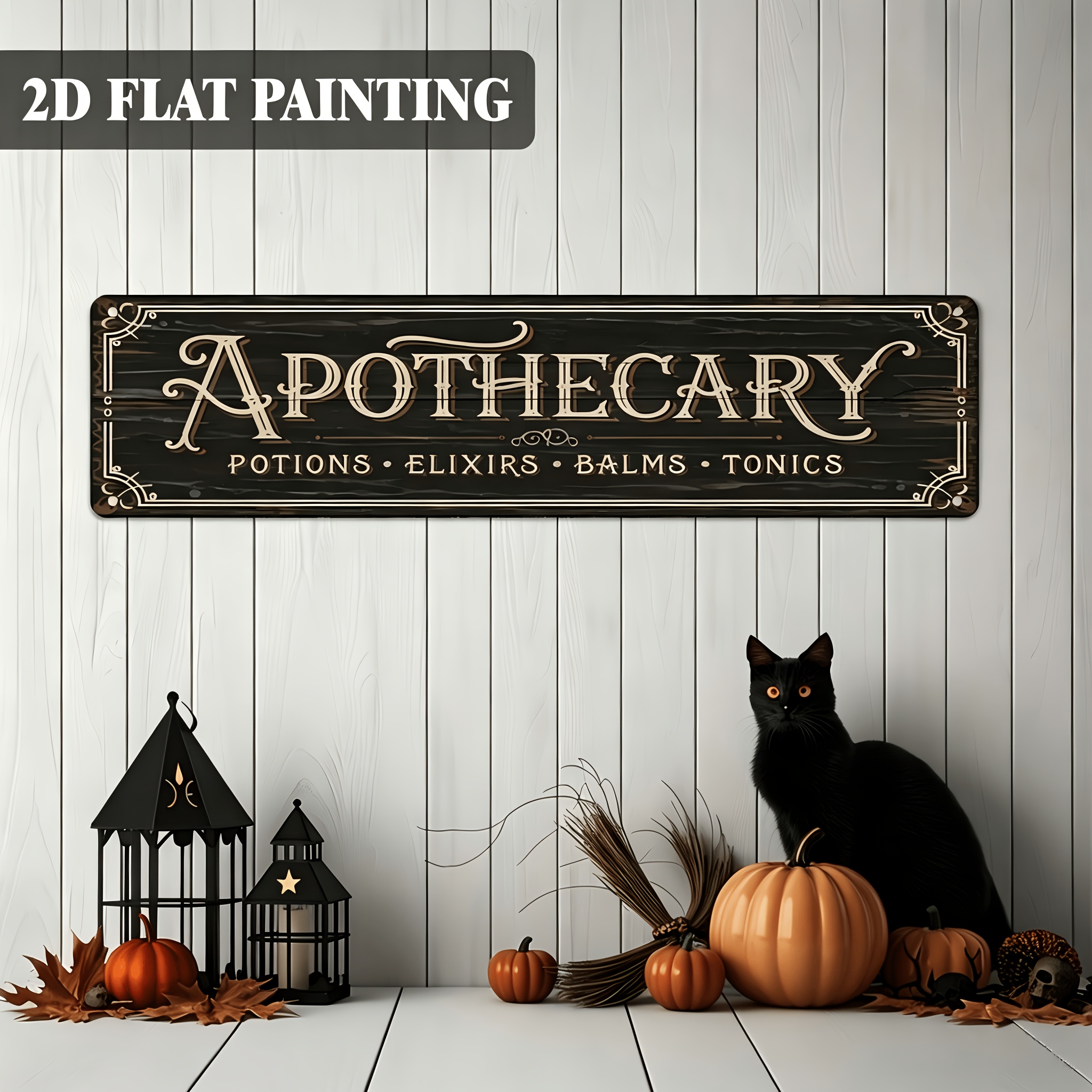 TEMU 2d Flat, {retro Long Aluminum Hanging Plaque}2d Flat, 1pc, Rustic Halloween Themed Decoration Logo 'apothecary' Farmhouse Decoration,