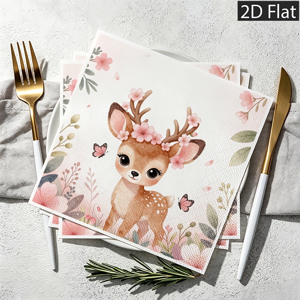 TEMU Serviettes de table jetables plates 2D, 20 pièces, double épaisseur pour plus de durabilité, cerfs mignons avec couronne de fleurs, papillons,