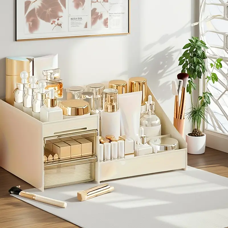 large cosmetic storage box with drawers suitable for bathroom organization used for perfumes creams skincare products makeup brushes and beauty tools polished multi compartment design durable space saving vanity organizer sturdy structure high quality plastic material essential for skincare enthusiasts Product details 1