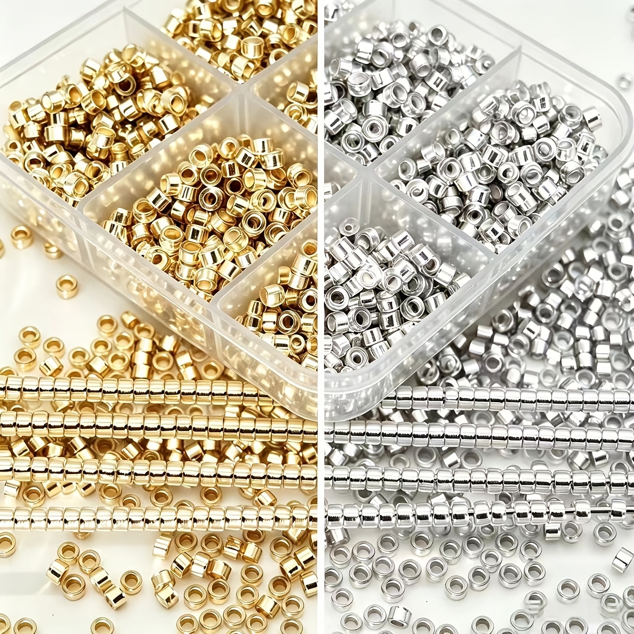 TEMU 2560 Stück/1280 Stück 2,5 mm einheitige Größe versilberte goldene/silberne Glas-Rocailles, DIY Perlenarbeiten hochwertige kleine Tonnenperlen