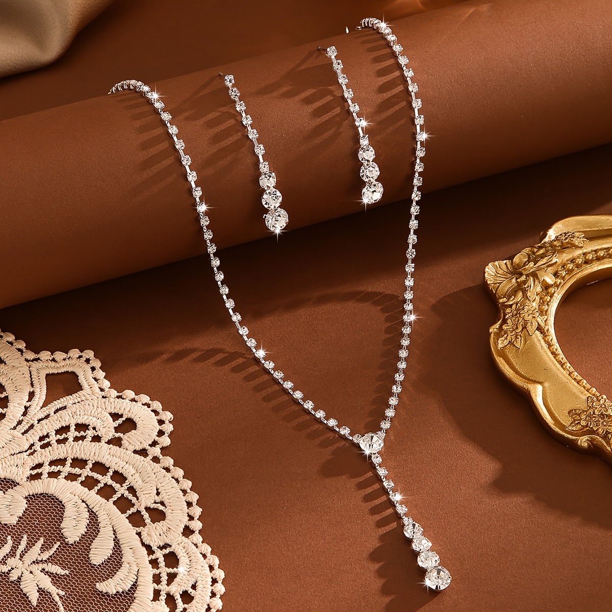 Image of Handmade Jewelry Additions 1 Pair Earrings 1 Necklace Elegant Jewelry Set Plated With Silvery Inlaid With Shiny Crystal Suitable For Party, Ball Wedding, Gift
