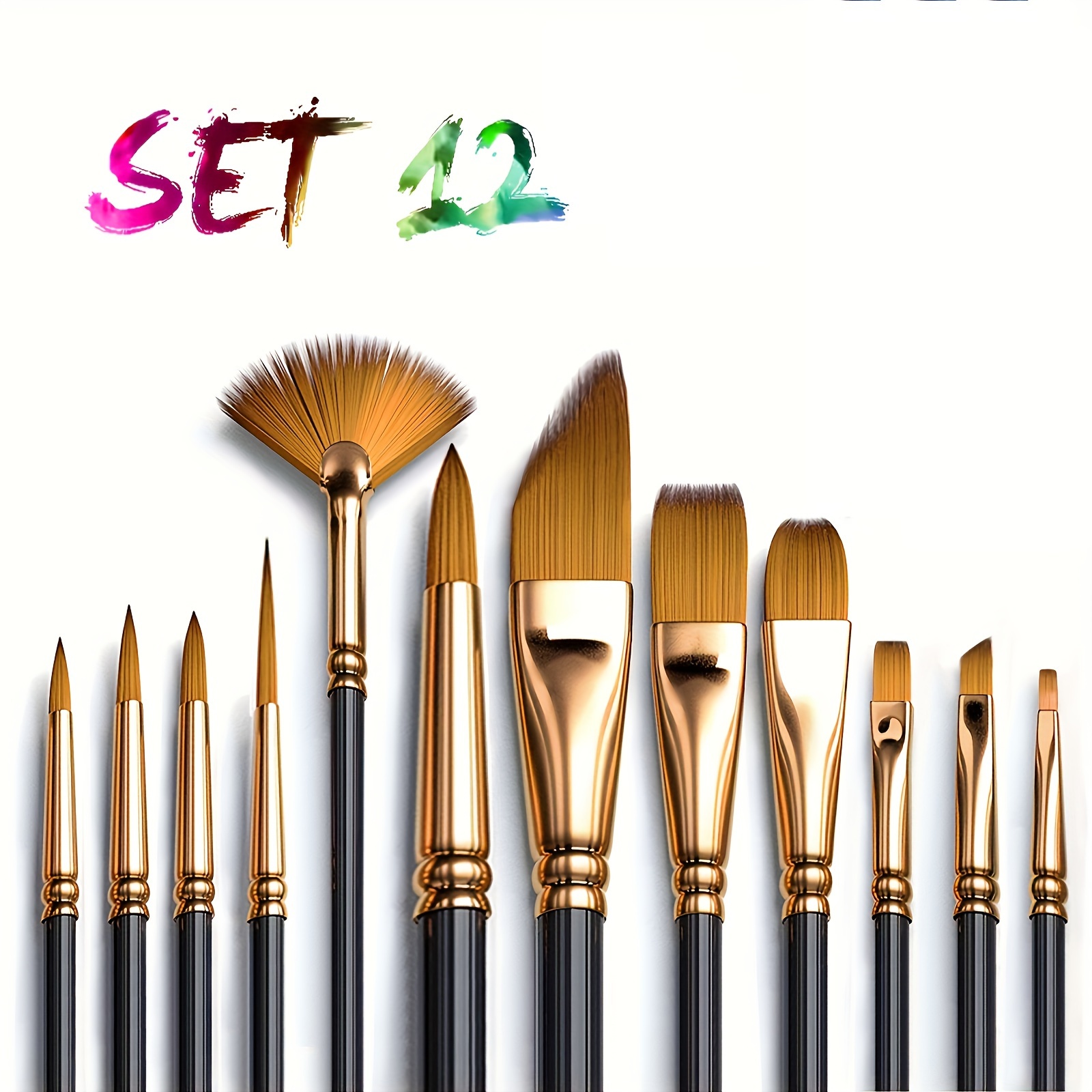 

Professional Artist Paint Brush Set - 12 Pack Plastic Handle Brushes For Acrylic, Oil, Watercolor, Gouache And Canvas Painting - Versatile Round, Fan, Filbert, Flat Tips