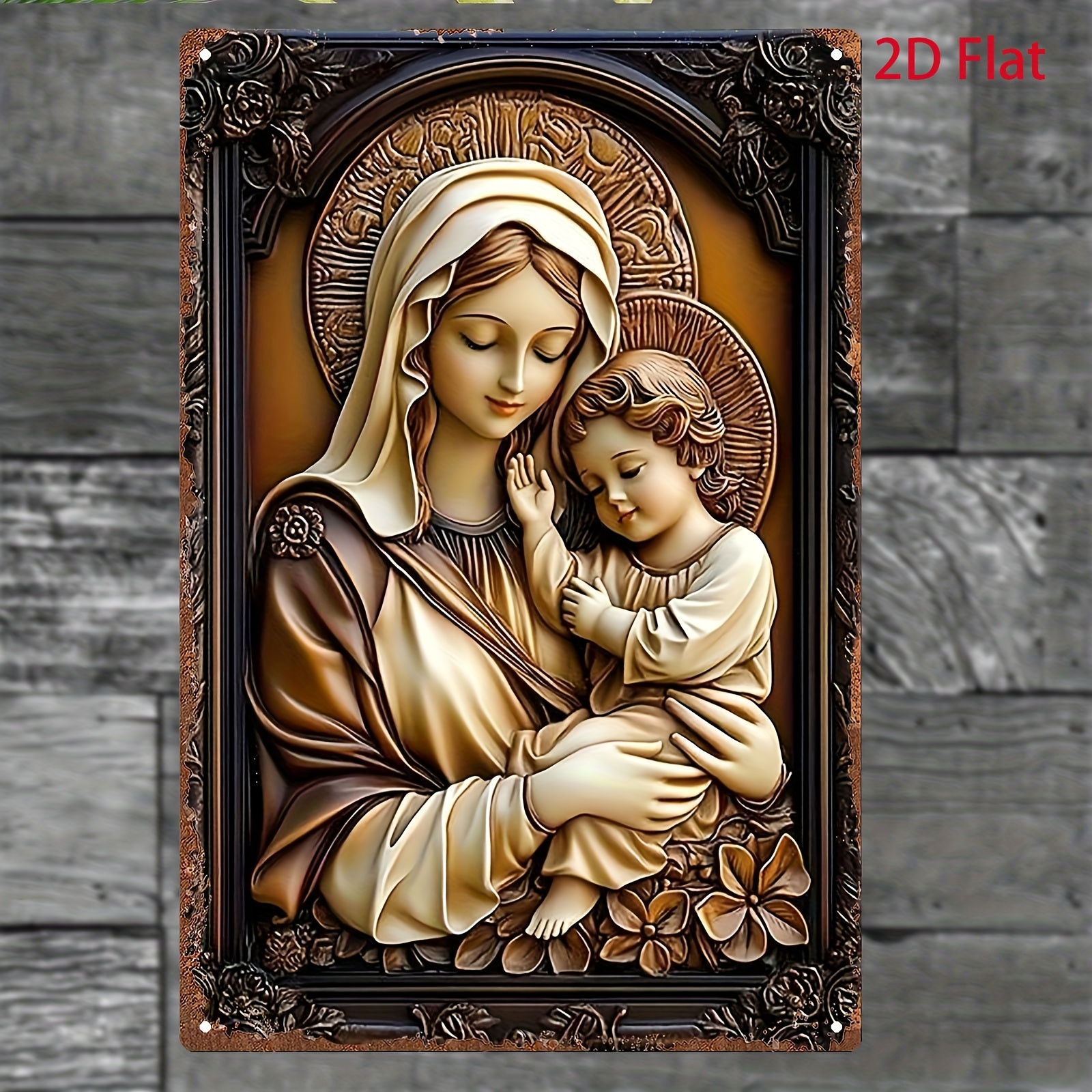 TEMU 2d Flat, 1pc 2d Flat Vintage Metal Sign Plaque - 20x30cm/8x12inch | Tin Painting Of The Virgin Mary Holding The Infant Jesus In Ornate Frame |
