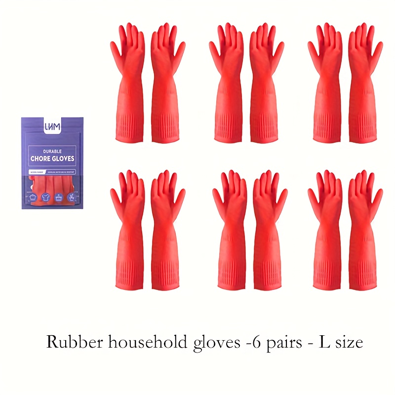 6 Pairs Of Rubber Household Dishwashing Gloves, Suitable For Kitchen And Home Cleaning - Extended Cuffs 17.71 Inches (approximately 45 Centimeters), Reusable, Flexible, Durable, Non-slip (red)