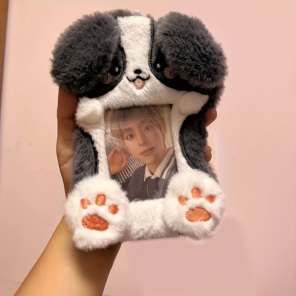Image of [kawaii Puppy Card Holder] Korean Kawaii Style Cute Card Holder With Fluffy Ears & | Soft Gray And White For School, Office, Or Daily Use - Durable Clip Attachment
