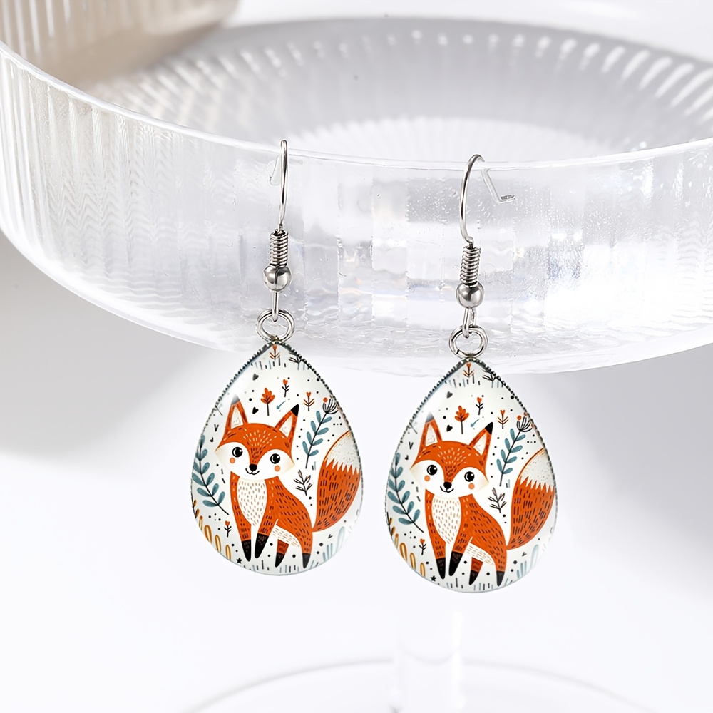 TEMU 1 Pair Cute Fox Illustration Tear Drop Earring Handmade Glass Dome Dangle Earrings Jewelry