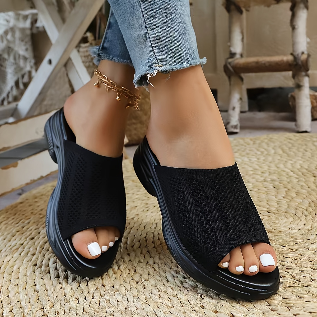 TEMU New Summer Style Mesh Breathable Platform Slides For Women, Versatile Casual Slip-on Sandals For Outdoor Wear