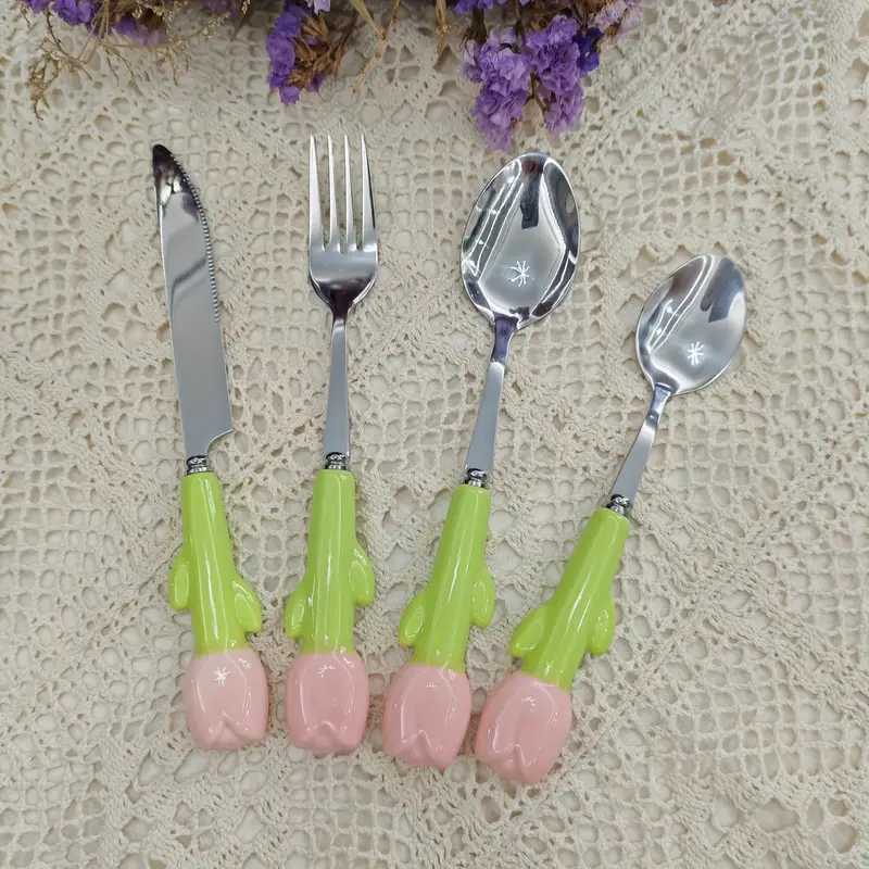 24pcs unique ceramic handle steak knife dessert spoon fork and spoon tableware set tools and accessories including knife fork and spoon very cute suitable for daily family dining birthday parties and festival parties Product details 4