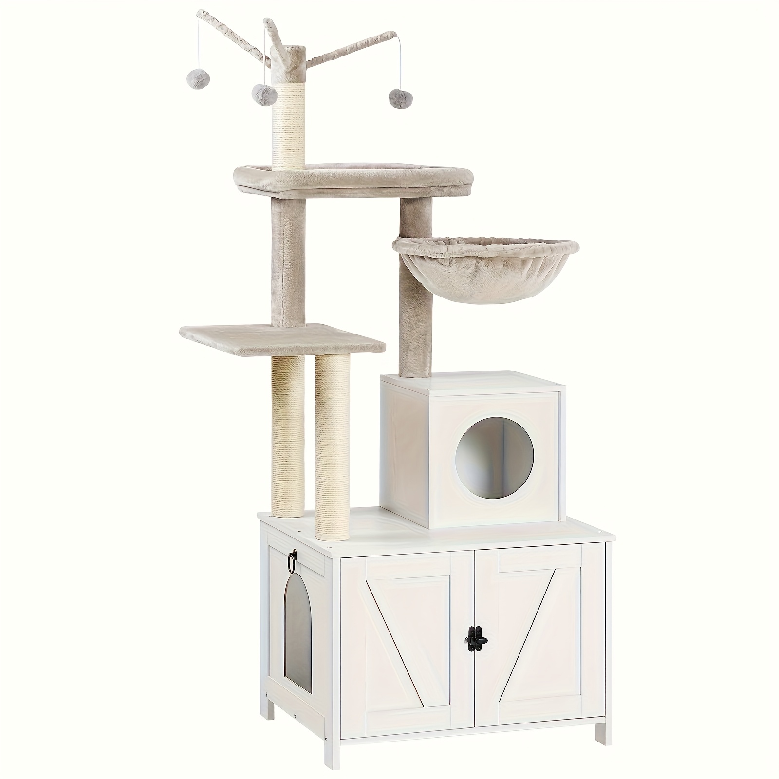 Image of 2-in-1 Hidden Cat Litter Cabinet & Scratching Board - -one Space- Cat Furniture With Detachable Plush Pole, Elegant Gray Kitten Tree For Multi-cat Households, Durable Stem Litter Box Cabinet