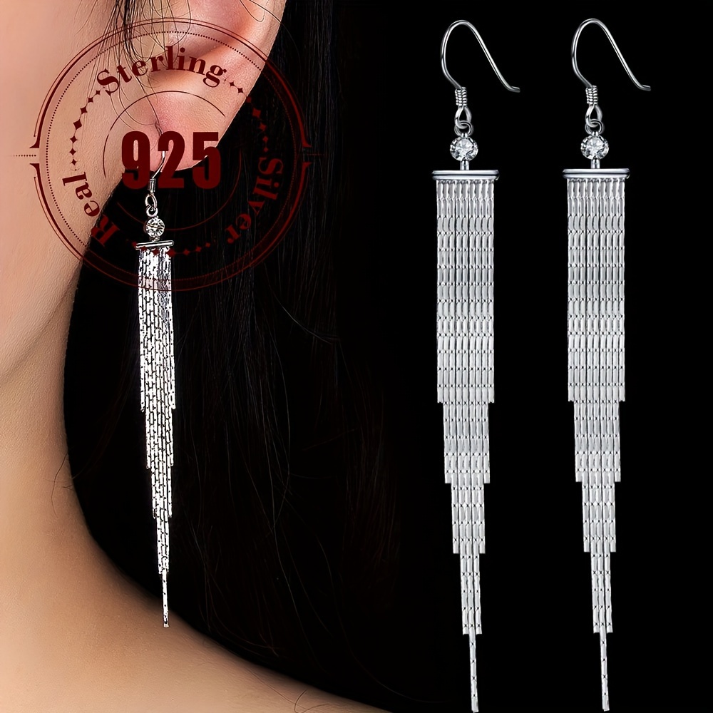 

Elegant 925 Sterling Silver Tassel Drop & Dangle Earrings - Luxury Long Fringe Hook Earrings For Daily And Banquet Occasions, No Plating, Pure Silver Ear Needle, 2pc Set