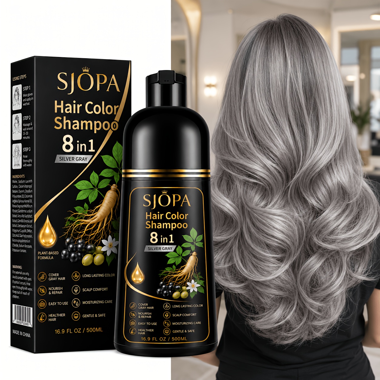 TEMU 500ml Hair Color Shampoo For Gray Hair Coverage, Easy-apply Hair Dye Shampoo With Herbal-inspired Formula, In Black, Light Brown, Red, Dark Brown, Silver Gray & Purple, Gift For Women And Men