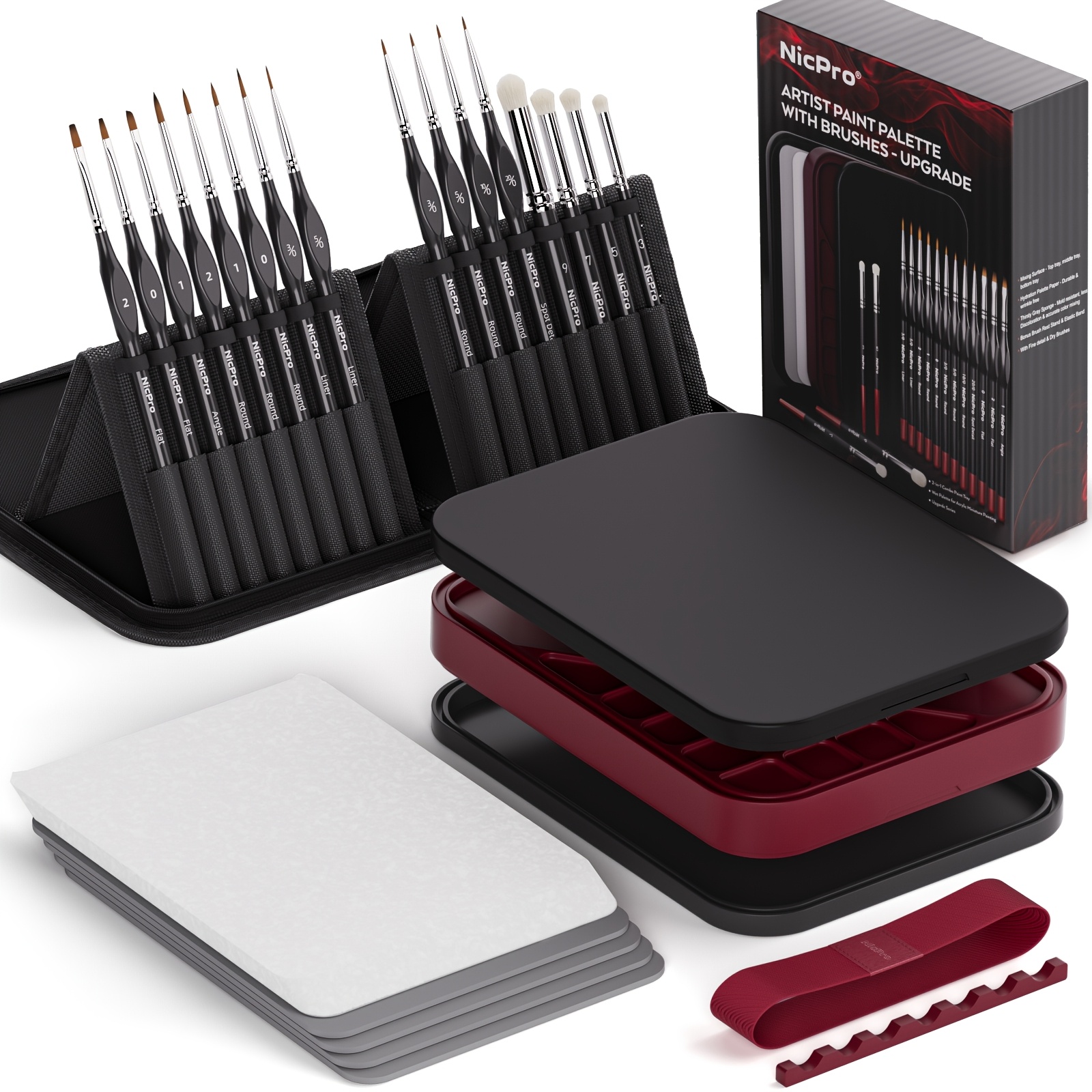 Image of Professional Miniature Painting Kit, Palette & 16pcs Detail Paint Brushes Drybrush With Nylon Bag, 100pcs Pallet Paper, 4pcs Sponge, Mixing Palette For Miniature Model