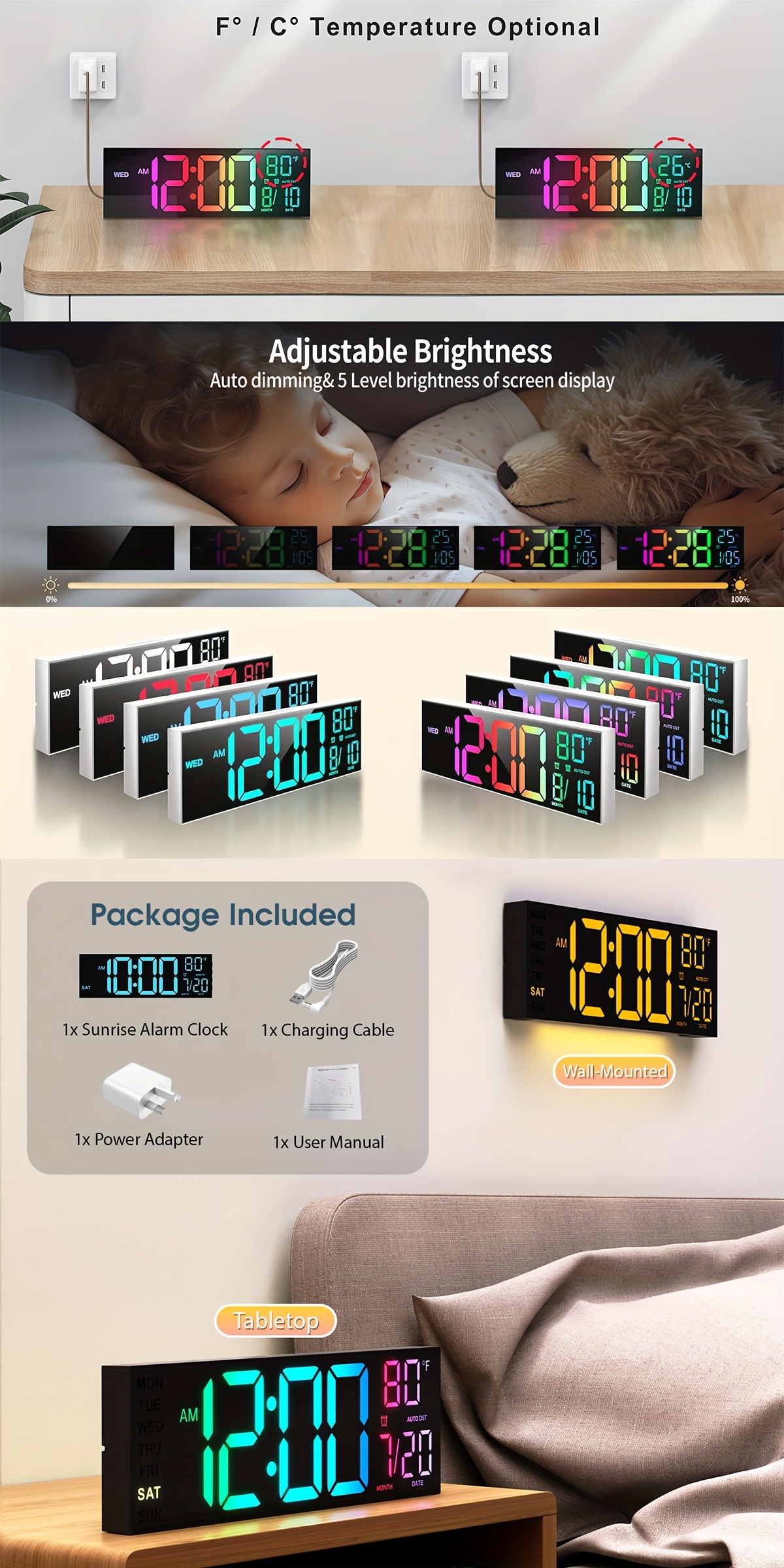 16.5'' Large Digital Wall Clock with Remote Control, Big LED/2 Alarms/8 RGB/Auto Brightness/Date/Auto DST/Temperature/Ambient Light/Dimming/Timer, Gym Clocks for Living Room, Bedroom, Office, Kitchen Home Decor, Easter Decorations, Mother's Day Gifts