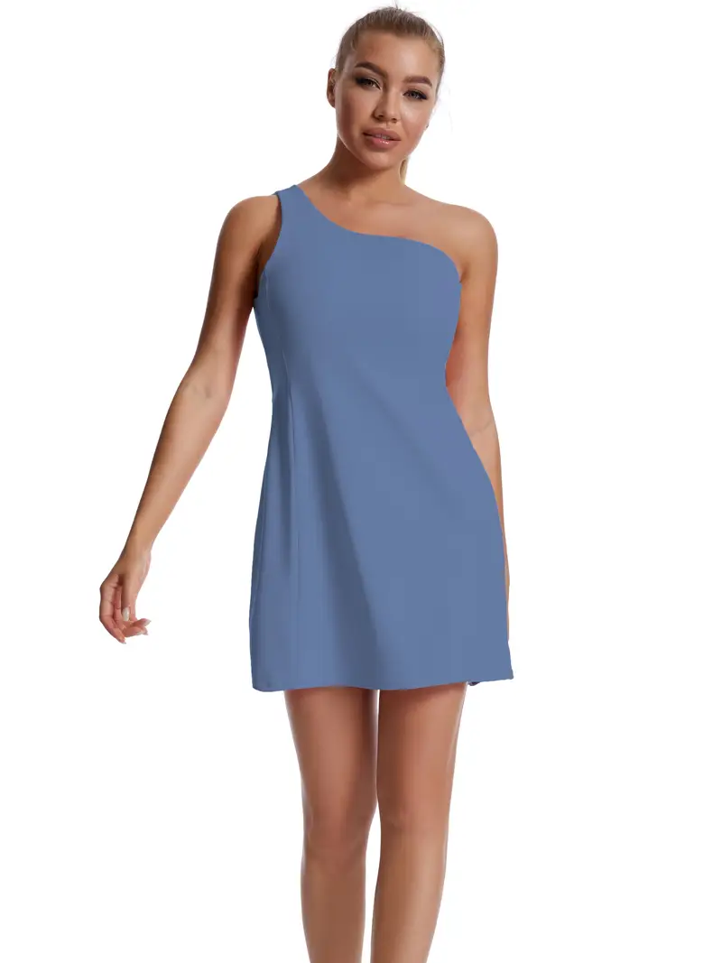 Women's Tennis Dress, One Shoulder Workout Athletic Golf Dresses With Shorts And Bra, Active Exercise Dress With 2 Pockets, Women's Activewear Women's Tennis Dress, One Shoulder Workout Athletic Golf Dresses With Shorts And Bra, Active Exercise Dress With 2 Pockets, Women's Activewear