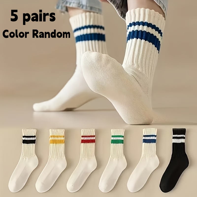 TEMU Autumn Winter Random Color Japanese Easy Striped Lever Couple All-match Trendy Solid Color Preppy Style Chunky Socks Mid-calf Sports Casual