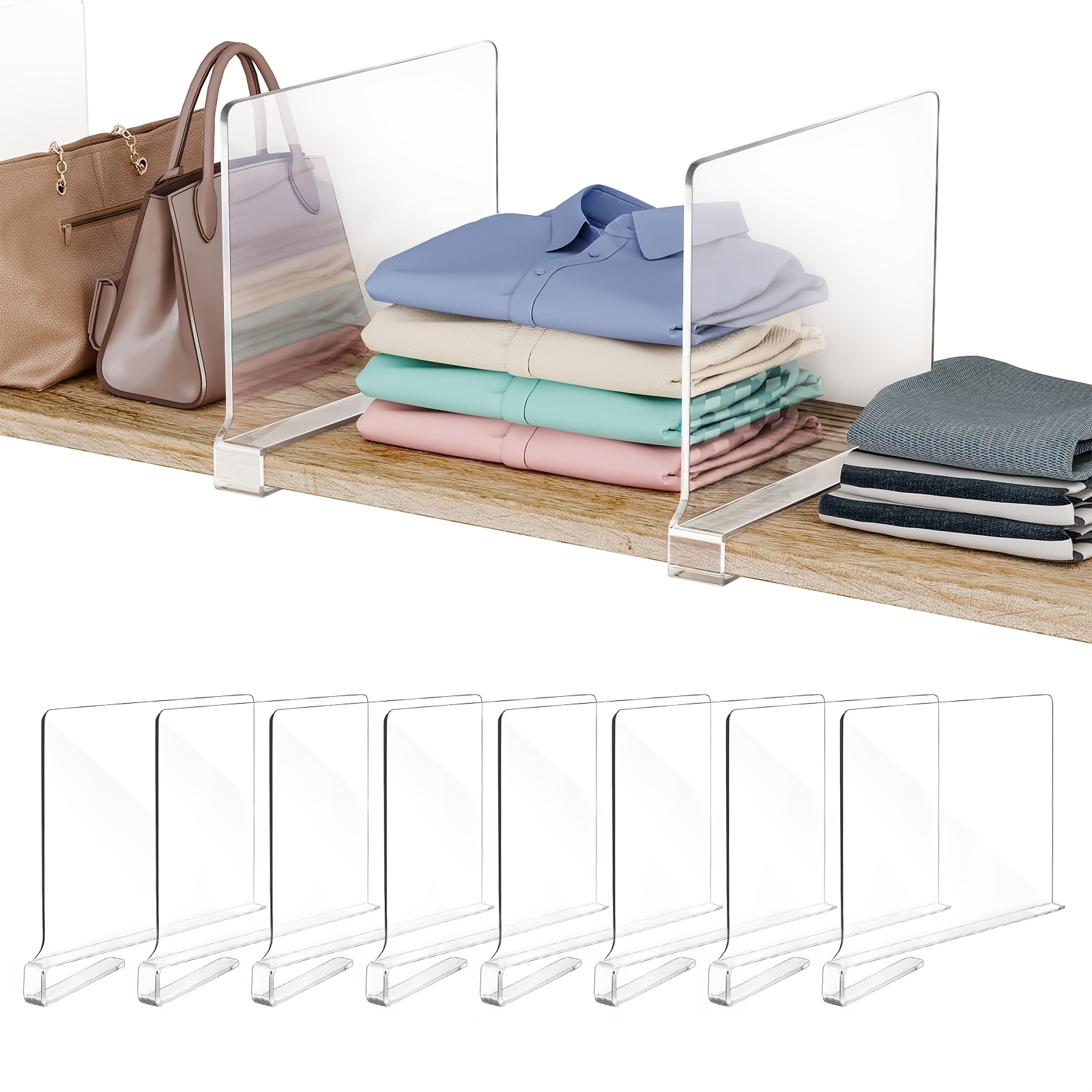 8-pack Clear Acrylic Closet Shelf Dividers, Transparent Cabinet Separator Organizer For Closet Bedroom Kitchen Office Bathroom Storage