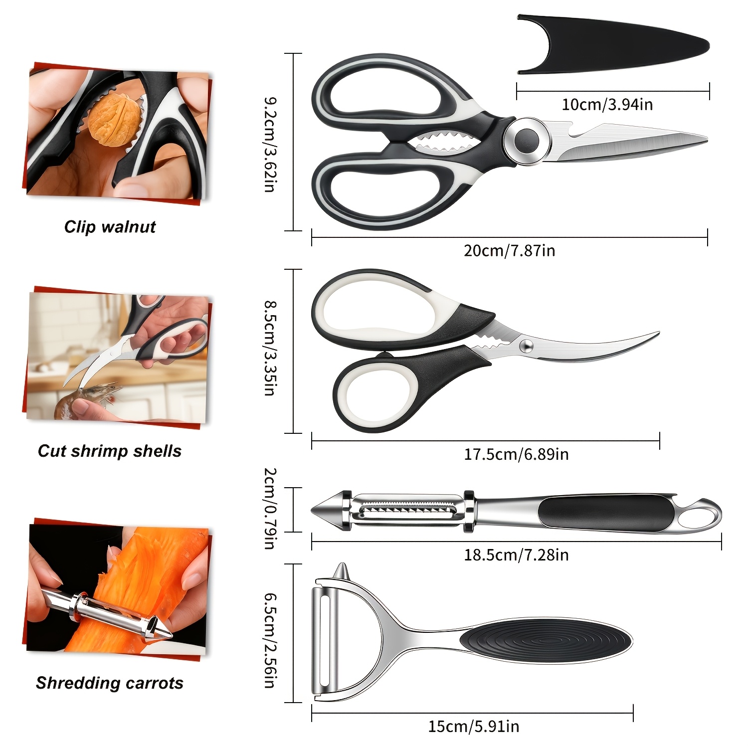 TEMU 4pcs Scissors & Peeler Set, Professional Kitchen Gadget Combo, Black Kitchen & Camping Accessories, Essential For Rental And Moving, Practical