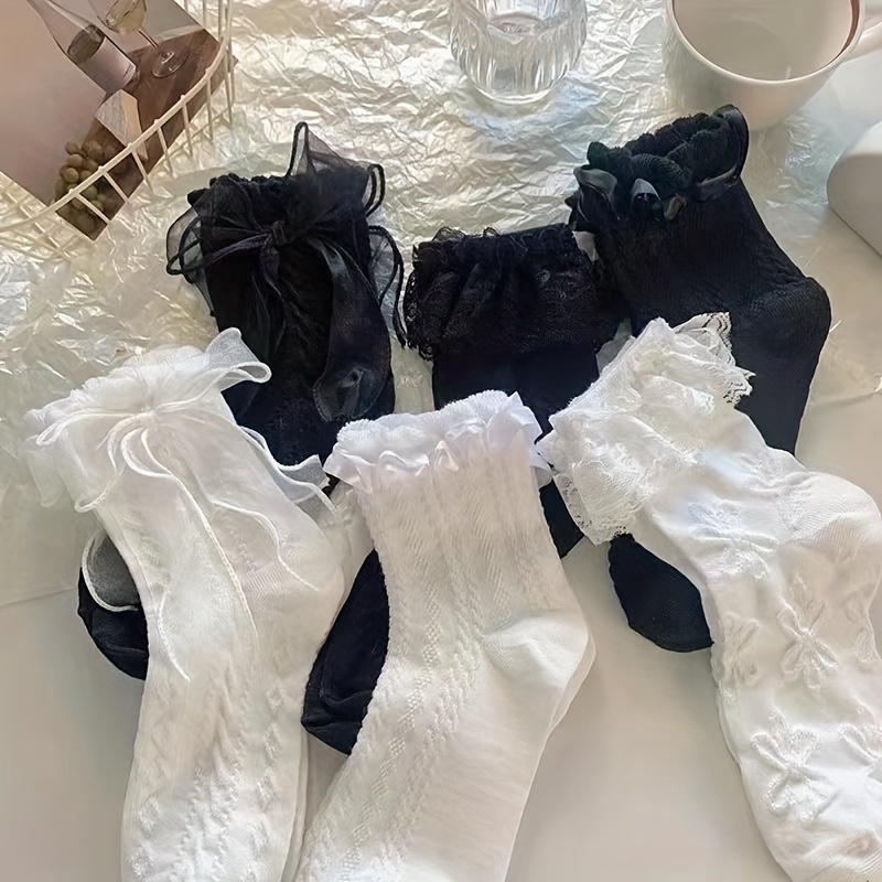 

6 Pairs Bow Lace Trim Socks, Sweet Mid Tube Socks, Women's Stockings & Hosiery