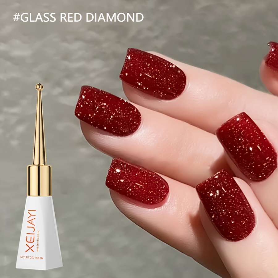 Image of Xeijayi 1pc 10ml Glass Red Diamond Glitter Gel Nail Polish - Holographic Diamond Soak Off Led Gel Polish For Nail Art