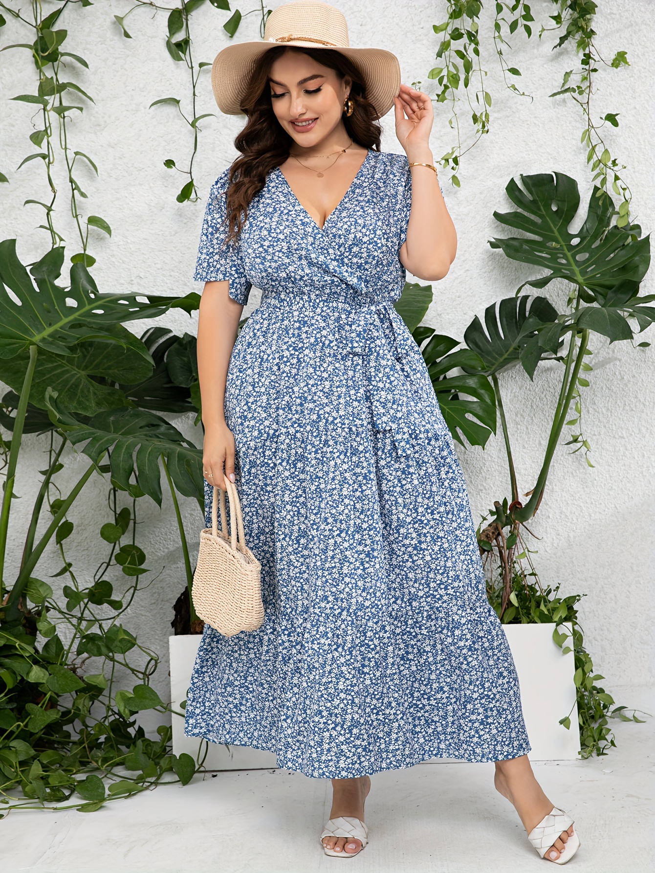 Plus Size, Womens Plus Size V Neck Wrap Maxi Dress High Waist Ruffle Summer  Casual Dress with Belt