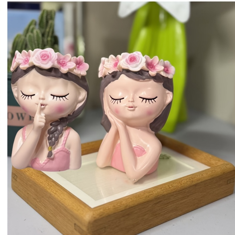 TEMU 2pcs Creative Little Girl Head Shaped Simulation Potted Vases Cute Female Figure Planters Adorable Girl Decor Flower Pots For Succulents Cactus