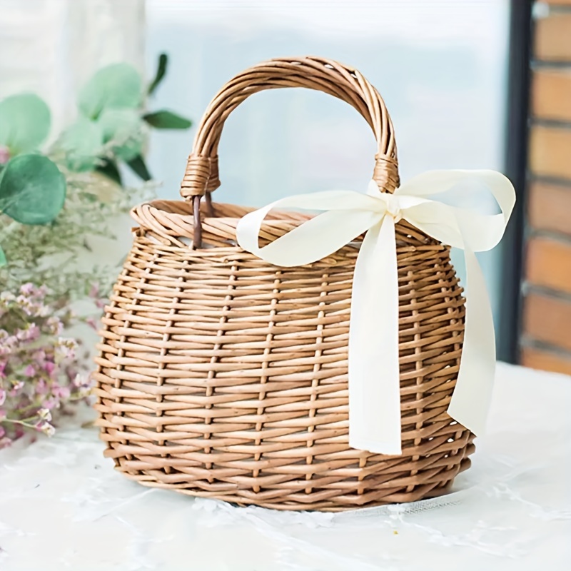 

1pc Bow Oval Rattan Flower Basket Handbag Woven Basket Cloth Lined With Willow Woven New Women's Bag