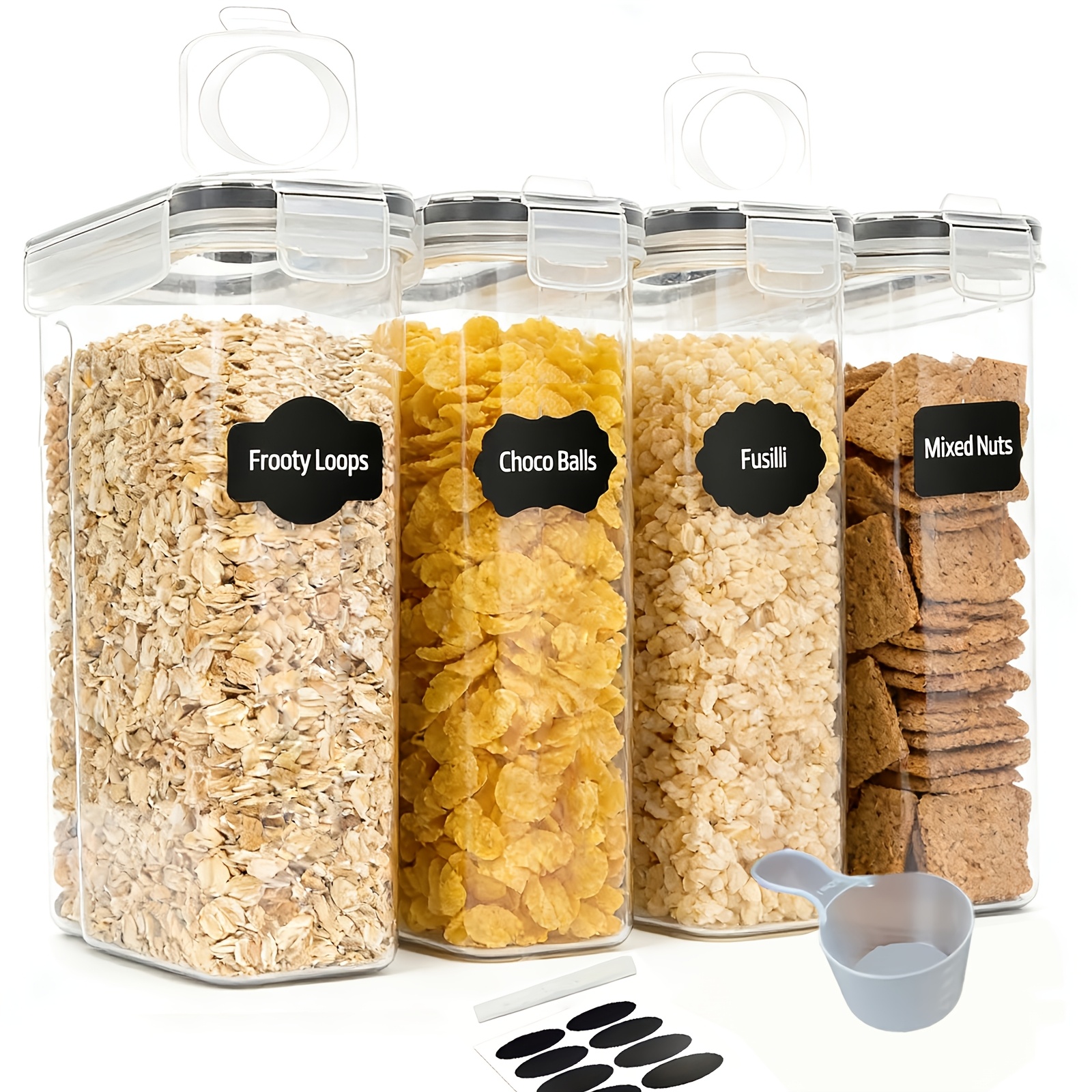 TEMU 4-pack Airtight Cereal Storage Containers With Clip-lock Lid - Bpa-free Plastic Canisters, Space-saving Square Design, Clear Front Panels For
