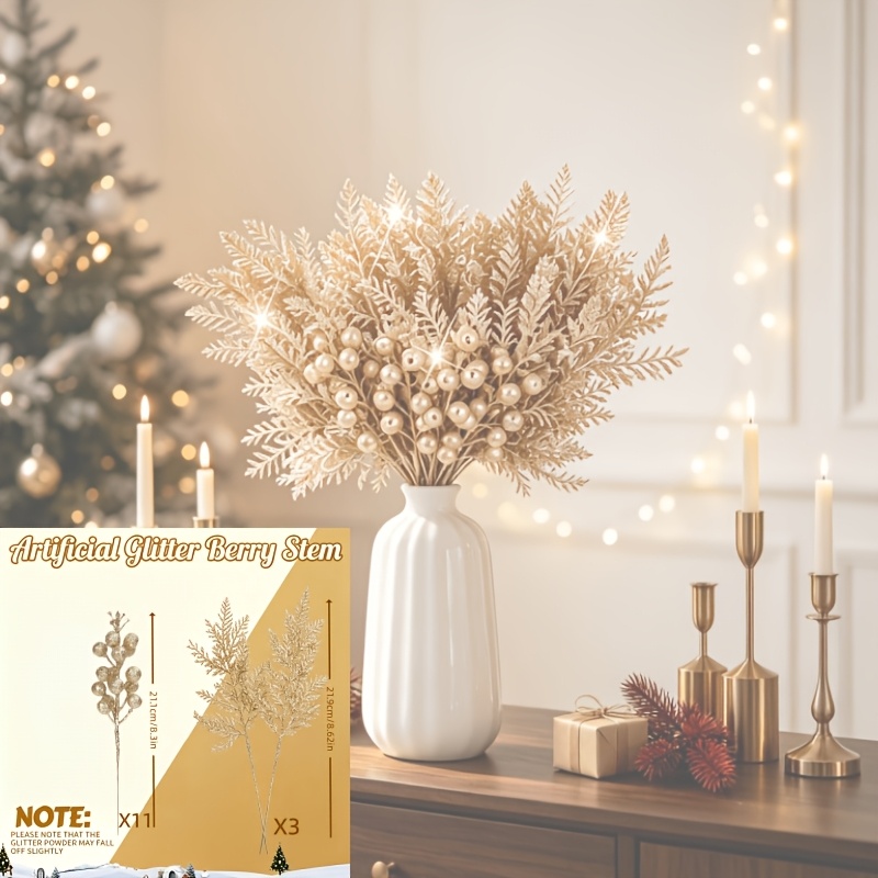 TEMU Set da 14 pezzi di rami decorativi natalizi artificiali con artificiali glitterate e foglie di . Adatti per alberi di Natale, ghirlande fai da