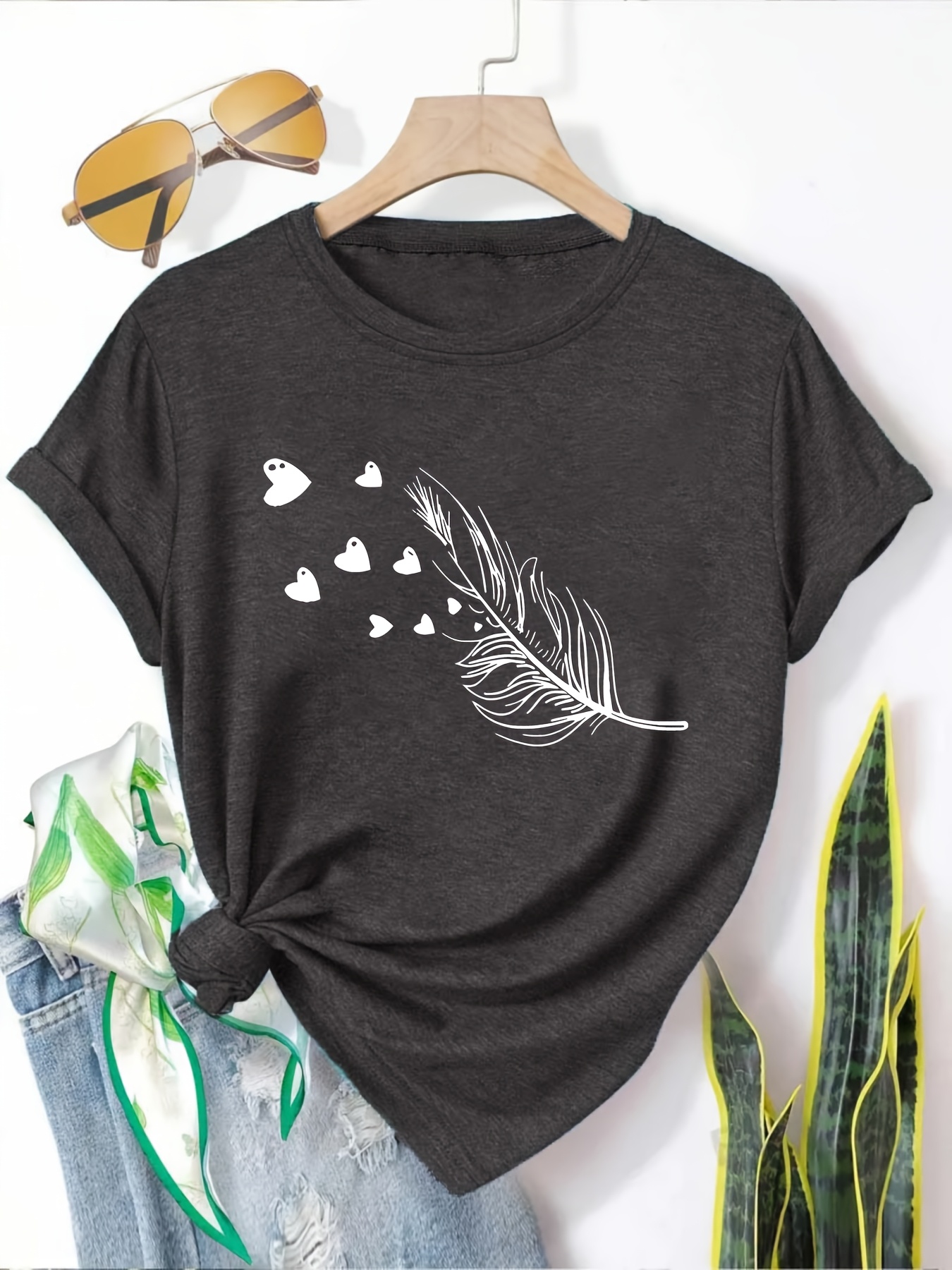 5pcs womens casual short sleeve t shirts summer round neck geometric print tees with dandelion floral     options breathable machine washable fabric cute t shirts everyday outfit     printed   adults Product details 3