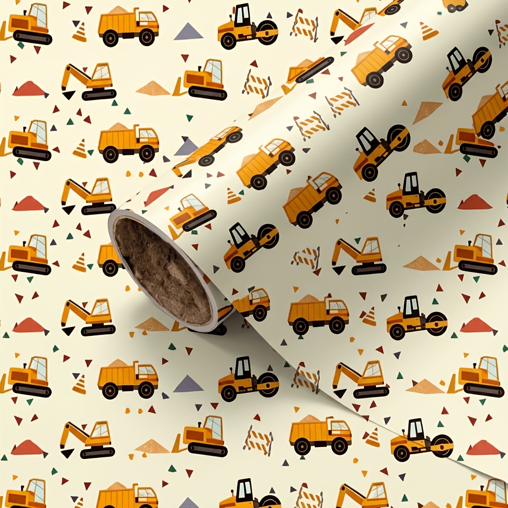 TEMU 1 Rolle 118 Zoll langes Bausatz-Geschenkpapier - Geburtstagsparty-Zubehör, LKW, Bulldozer, Bagger und Schleifen-Design, geeignet für