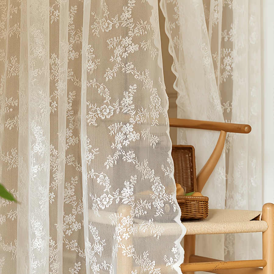 TEMU 1pc Rideau Transparent en Dentelle Florale Vintage - Drapé Semi-Transparent Filtrant pour Chambre & Salon, Entretien Facile à Laver à , Tissu