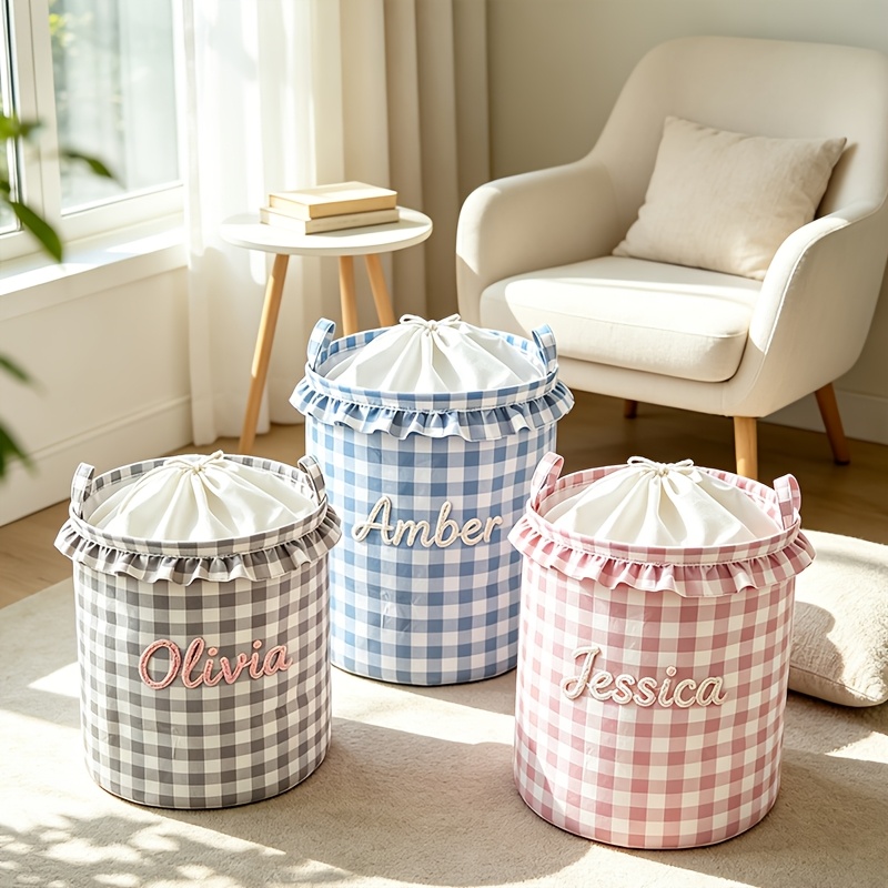 Custom Text Storage Basket - Plaid Laundry Hamper