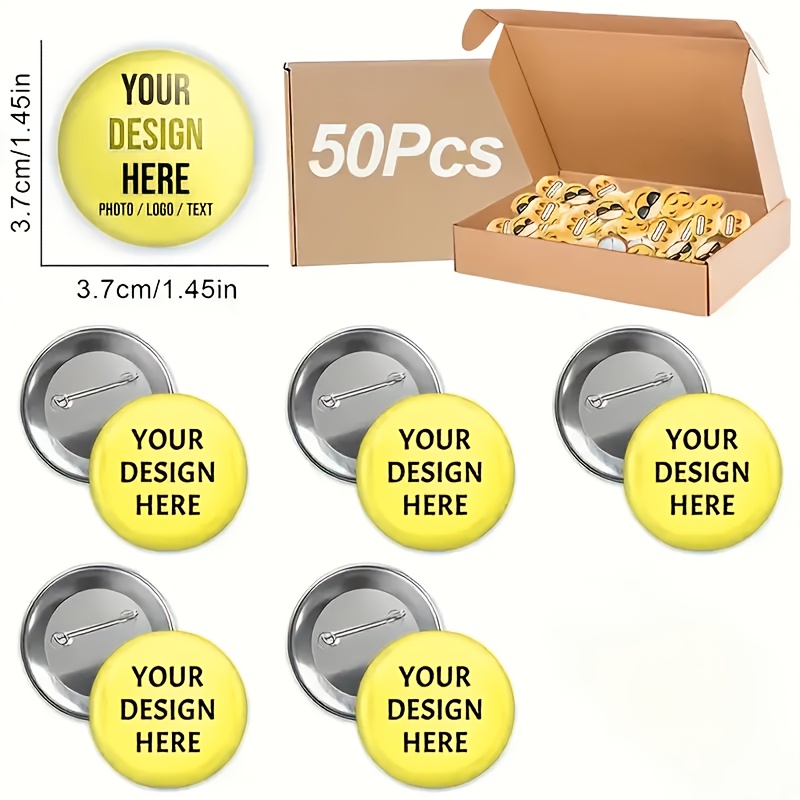 TEMU Box Of 50 Custom Metal Buttons And Badges - Personalized Photo/logo/text/image With Text/text- Badges - Heavy-duty Metal Construction, , Custom
