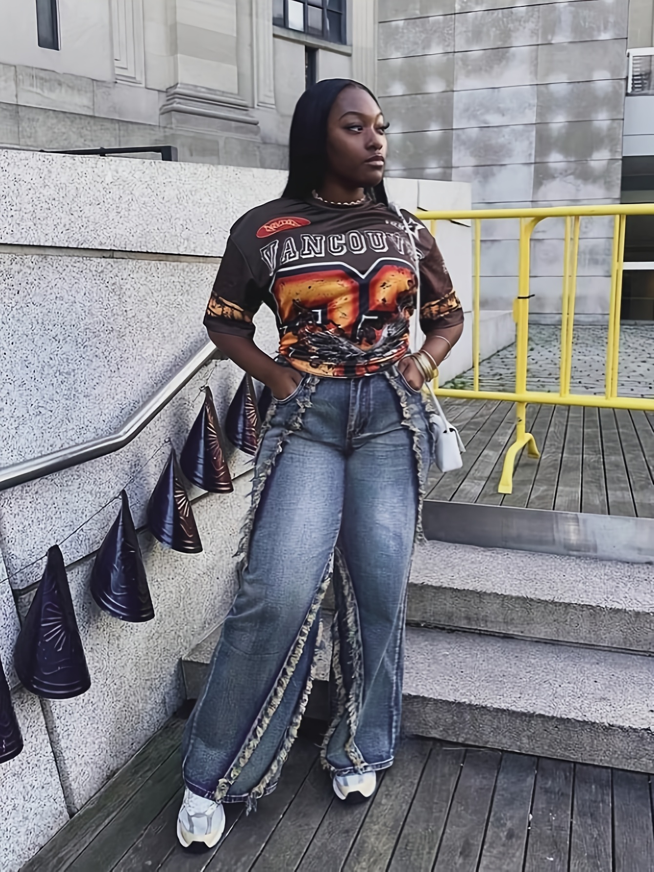 women' style denim jeans fringe detail high waisted Temu Ireland