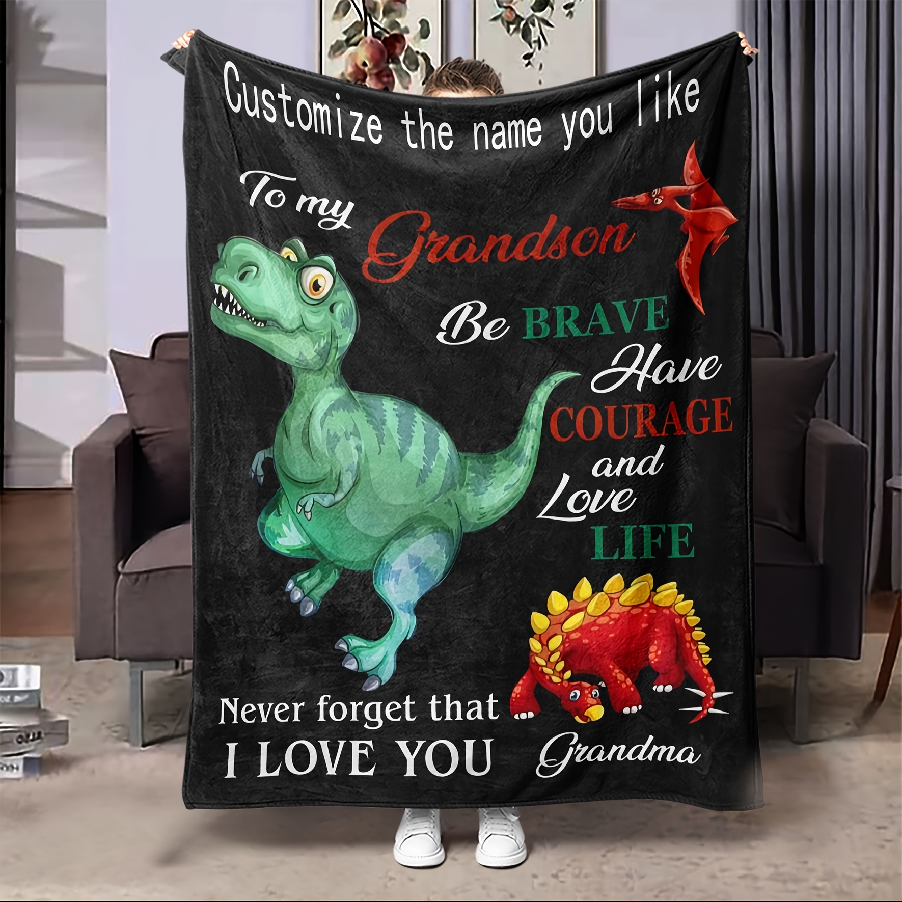 

Customizable Cartoon Dinosaur Flannel Fleece Throw Blanket - Personalized For , Machine Washable, Cozy Bedding, Ideal For Kids, Adults, Valentine's Day Gift - Contemporary Style, Knitted Polyester