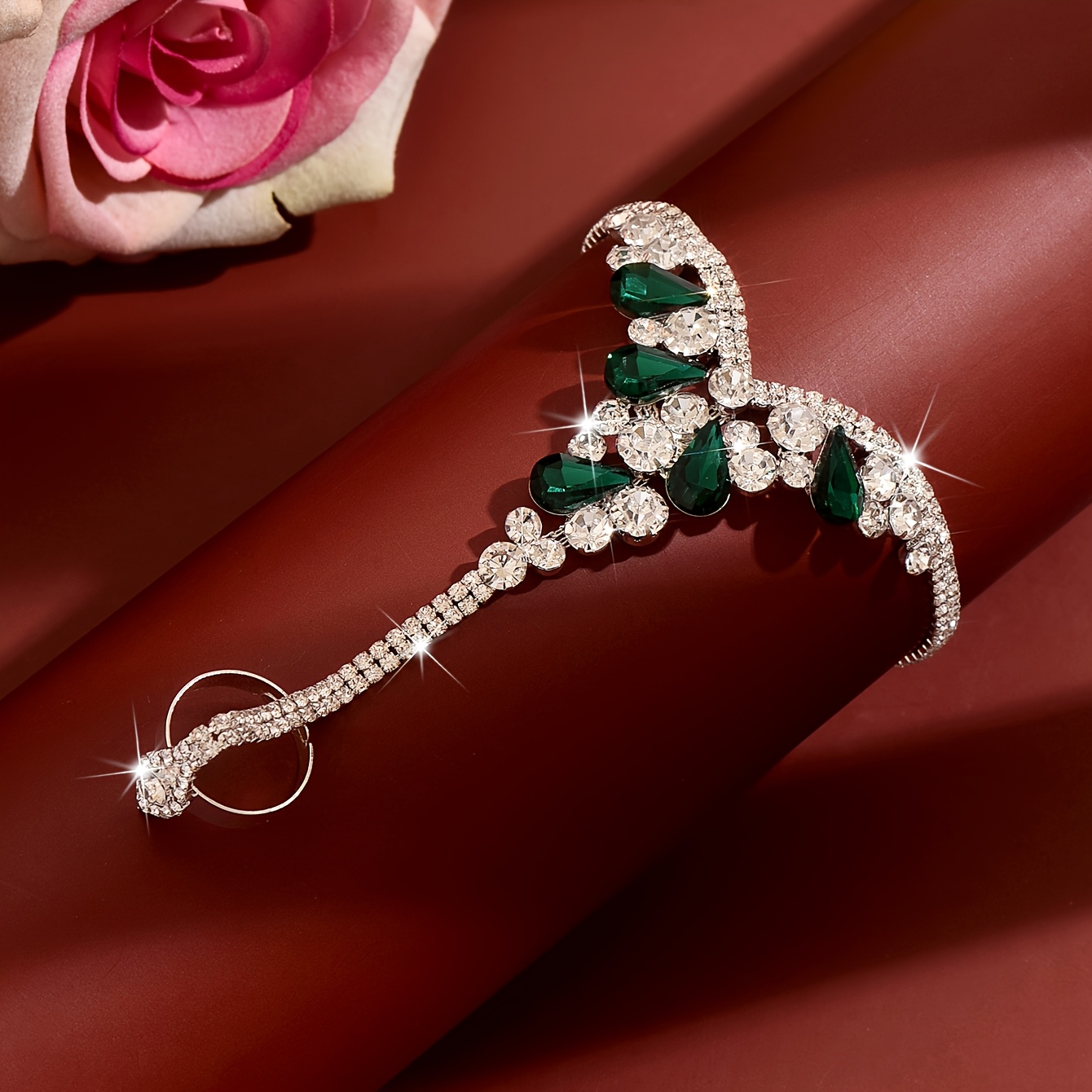1 pç Pulseira de Corrente para as Costas da Mão Feminina, com Anel e Cristais Verdes em Forma de Lágrima, Cobre com Incrustações de Cristais, Ideal para Casamentos, Jantares de Gala e Bailes 4