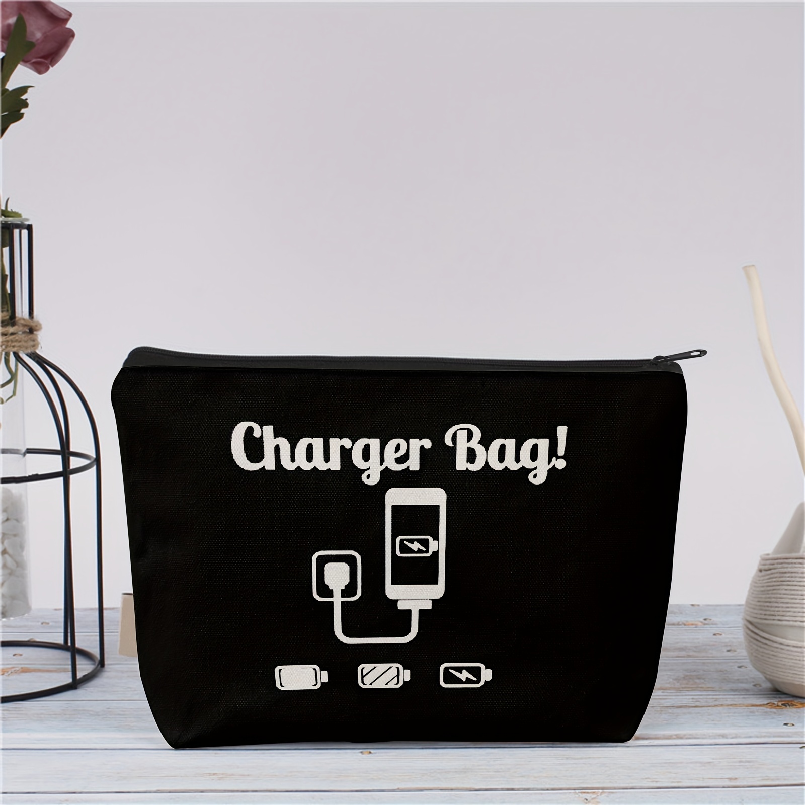 TEMU Canvas Charger Bag - Non- Black Electronic Organizer Pouch With Random Printing, Unlined, Hand-washable - Travel Cable Accessory Case From Shaodong