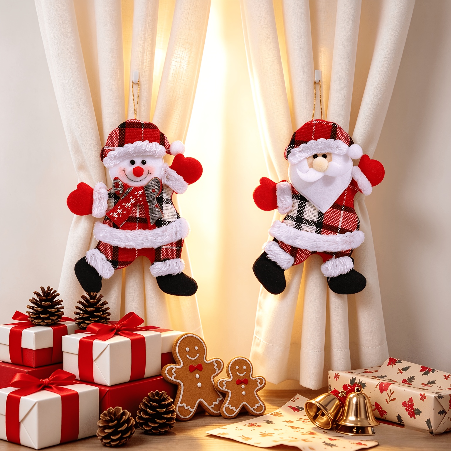 TEMU 2pcs Set Creative Santa Claus And Snowman New Year Ornaments, Christmas Decorations, Red, White, Christmas Plaid Design, Suitable For Christmas,