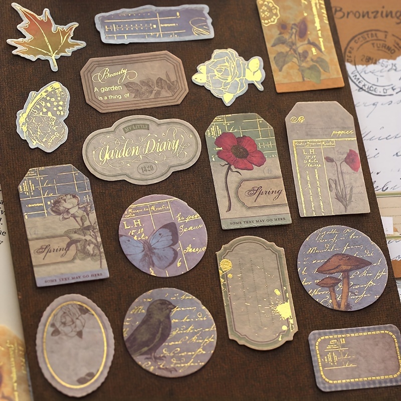 

40pcs/bag Bronzing Sticker Pack, Poetry And Far East Series 6 Styles, Retro Journal Collage Material Stickers