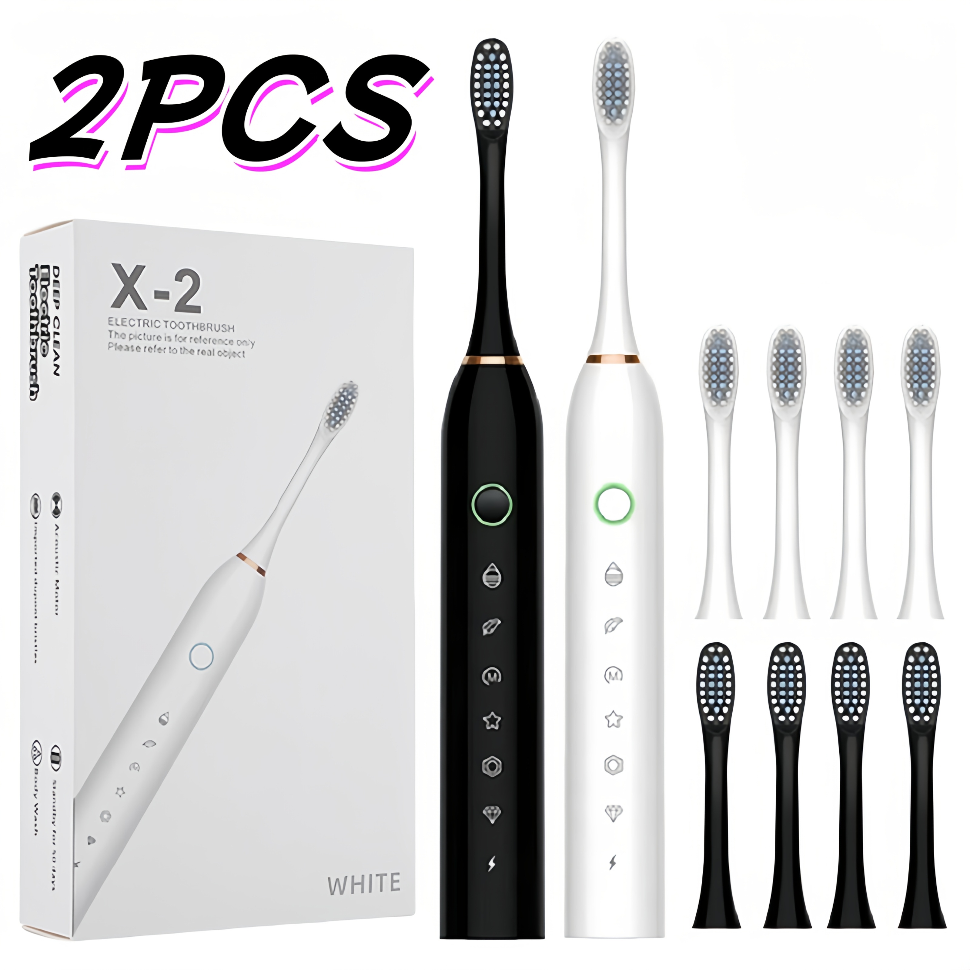 2pcs Advanced Smart Electric Toothbrush, 6 Cleaning Modes, 2/4 Replacement Brush Heads, Ultra-soft Bristles to Care for Sensitive Teeth, IP67 Rating, Suitable for Couples and Family Gifts