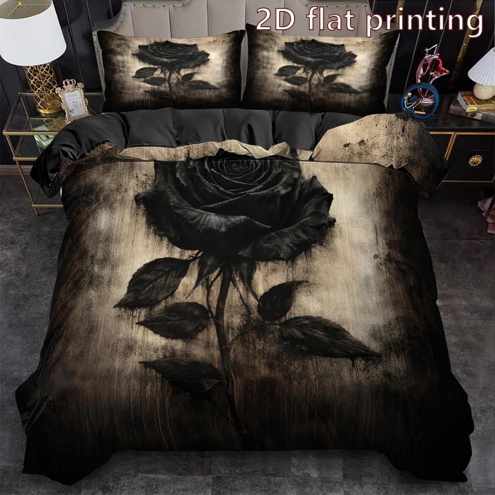 TEMU (2d)3pcs Bedding "gothic" Style "black Rose" Pattern, Halloween Polyester Duvet Cover Set Without Filling Soft And Comfortable, Suitable For