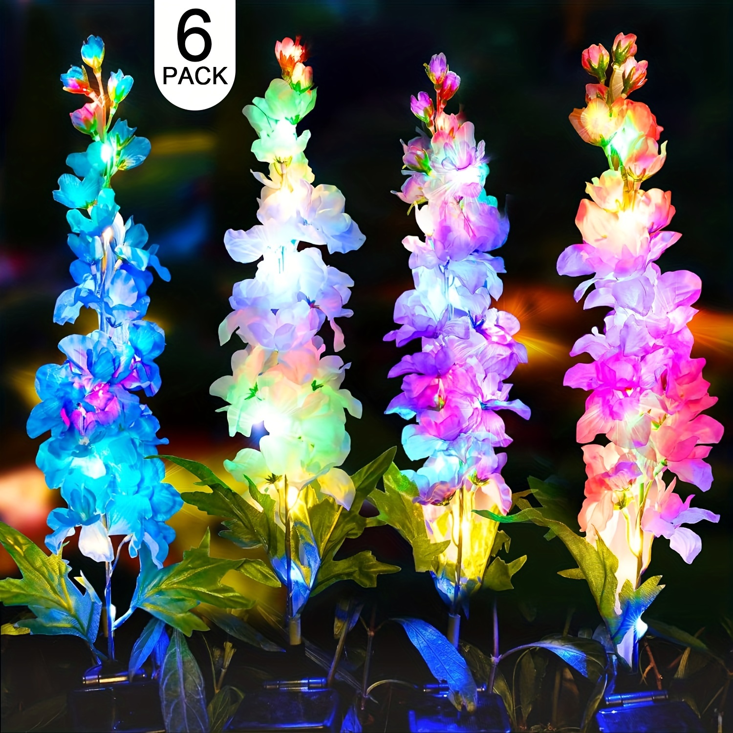 

4 Pack, 6 Pack, Solar Delphinium Flowers Lights Color Lights Upgraded Solar Panel 2 Light Modes Solar Outdoor Lights For Outdoor Outside Yard Garden Decorative Gift For Women