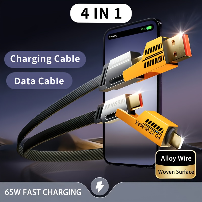 

4-in-1 Usb-c Cable, Pd 65w Fast Charging Cable And Data Synchronization, Flat Braided Charger Cable With C/usb , Suitable For Laptops And Various Types Of Mobile Phones