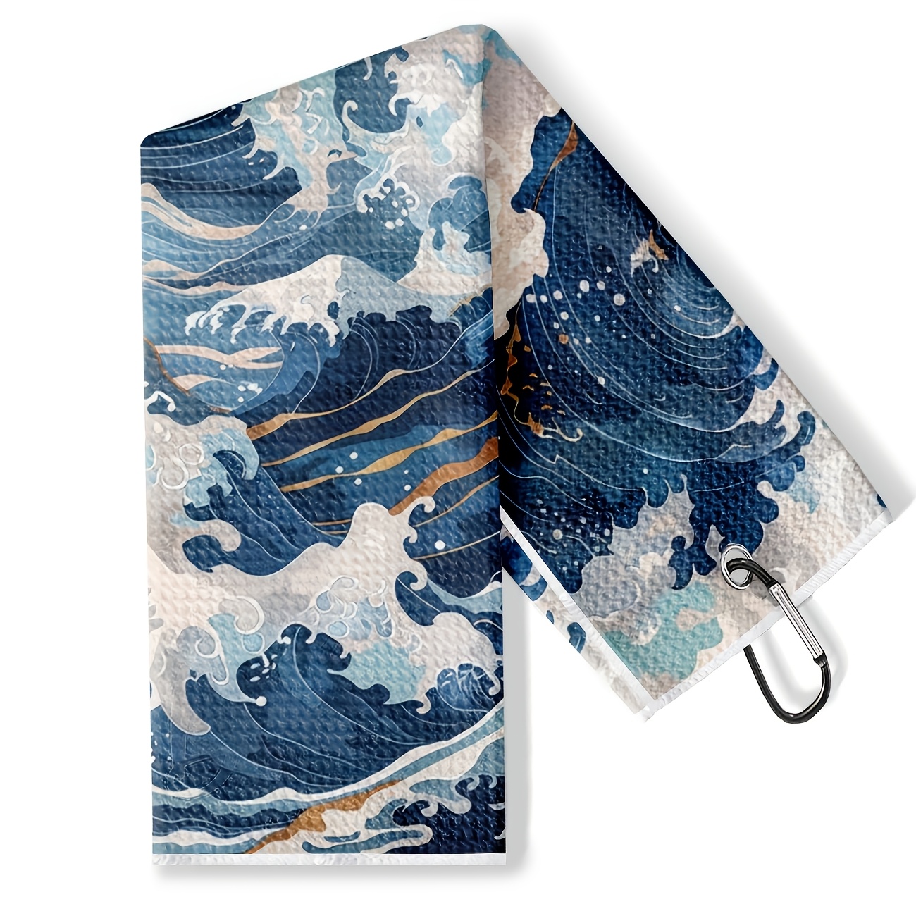 TEMU Wave Pattern Golf Towel With Accents, Japanese -e Style Golf Towel, Featuring Circular Metal Hook, Soft, , Ideal For Golfers, High Quality, For