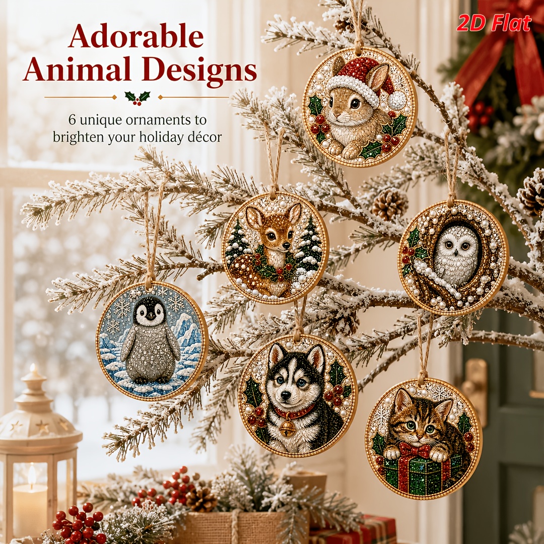 TEMU 6pcs Set 2d Flat Winter Animal Pearl Diamond Painting Wooden Tag Pendant 3.07-inch Hd Printed Full Set Handcraft Diamond Drill Materials Bag
